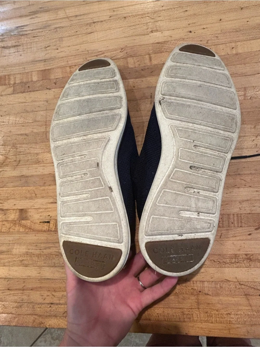 Cole Haan Navy Knit Lace-Up Slip-On Loafers with Tan Accents
